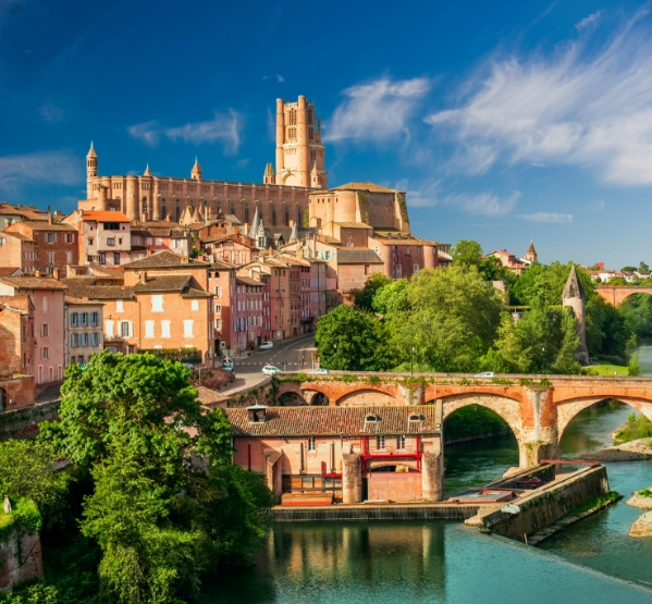 Toits d'Albi et cathédrale Sainte-Cécile sous une chaleur d'été